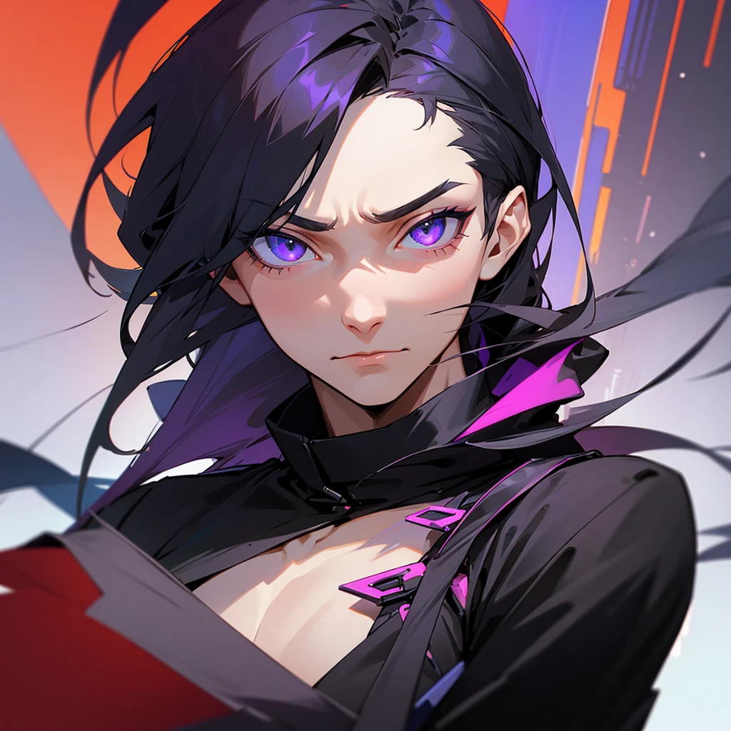 naughty man, your clothes are fragmented. In the black color. your hair is dark purple. Scifi scenario, futurist. your face is serious