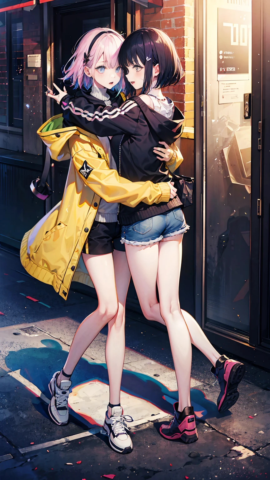 2 girls,lesbian,hugging,15-year-old,on the ground,jacket,sport mini short pants,skinny,thin legs,slim