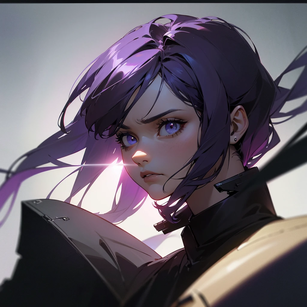 a man, fragmented clothing, black color, dark purple hair, serious expression, sci-fi futuristic setting, (best quality,4k,8k,highres,masterpiece:1.2),ultra-detailed,(realistic,photorealistic,photo-realistic:1.37),cinematic lighting,dramatic shadows,intricate details,highly detailed facial features,striking composition,dynamic pose,gritty cyberpunk aesthetic,moody color palette,dramatic chiaroscuro lighting