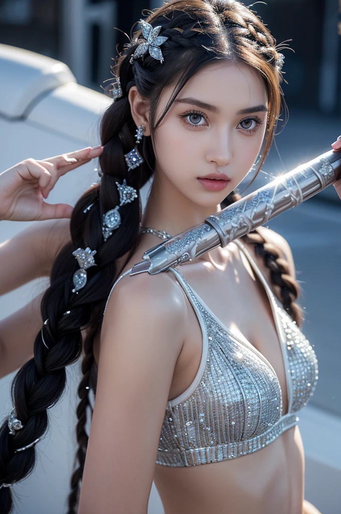 enlargement ((A girl with eyes as beautiful as diamonds)) with braids holding a weapon in one's hand on a black background, Red-shining eyes, Holy Cyborg Necromancer Girl, holding a weapon in one's hand, sci fi helmet, cyber mask, Brian Island, Goddess of War, blue cyborg, balaska, blink , best quality, masterpiece, very detailed, degree of freedom, Artistic lighting, best quality, masterpiece, very detailed, degree of freedom, rim light