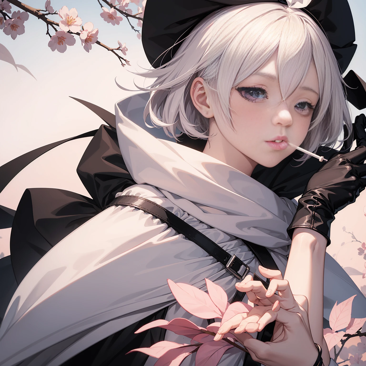 Woman, anime style, short white hair, black cloth blindfold over her eyes, with a white lollipop in her mouth, being held by her hand, her hands have black gloves, focus on the character's face only, in the wind, and with pastel colors background with pink peach leaves flying in the background.
