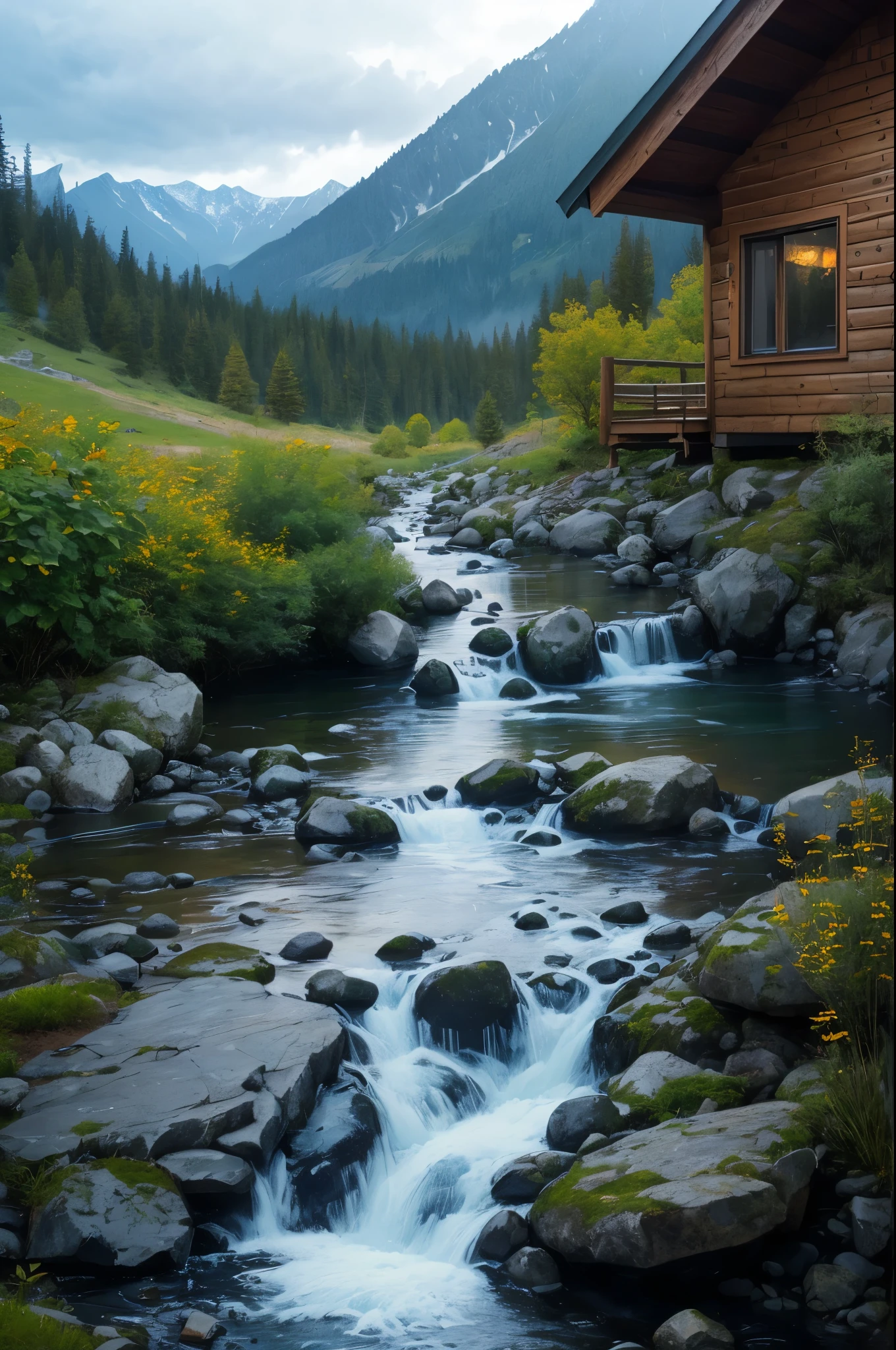 arafed cabin in the mountains with a stream running through it, a picture by Jason A. Engle, flickr, romanticism, stunning nature in background, nature in all its beauty, beautiful place, very very very beautiful scenery, peaceful and serene, really beautiful nature, very very beautiful scenery, setting in nature, wow it is beautiful, beautiful nature
