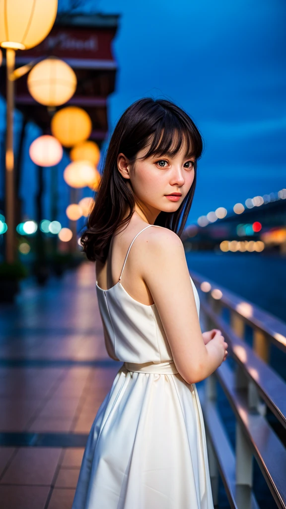 2girl, best quality, ultra high res, (photorealistic:1.4), night, wet, rain, people, city, golden hair, black hair, short hair,long hair, ((Yurisa)), revealing clothes,sliver dress looking at the viewer,looking back, solo.ST. LOUIS \(LUXURIOUS WHEELS\) \(AZUR LANE\), fujifilm,photography, Bokeh, Depth of Field, <lora:japaneseDollLikeness_v10:0.1>,full body, slim body, Evening dress,shiny sleeveless dress, Lean body,