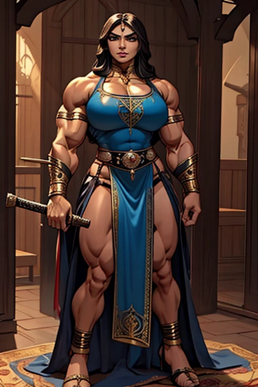 fullbody view, muscular beautiful persian woman, long dark hair, woman in medieval setting, wearing ornate cloth, warrior woman with a sword, perfect and flawless musculature, bulky and powerful bodybuilder physique