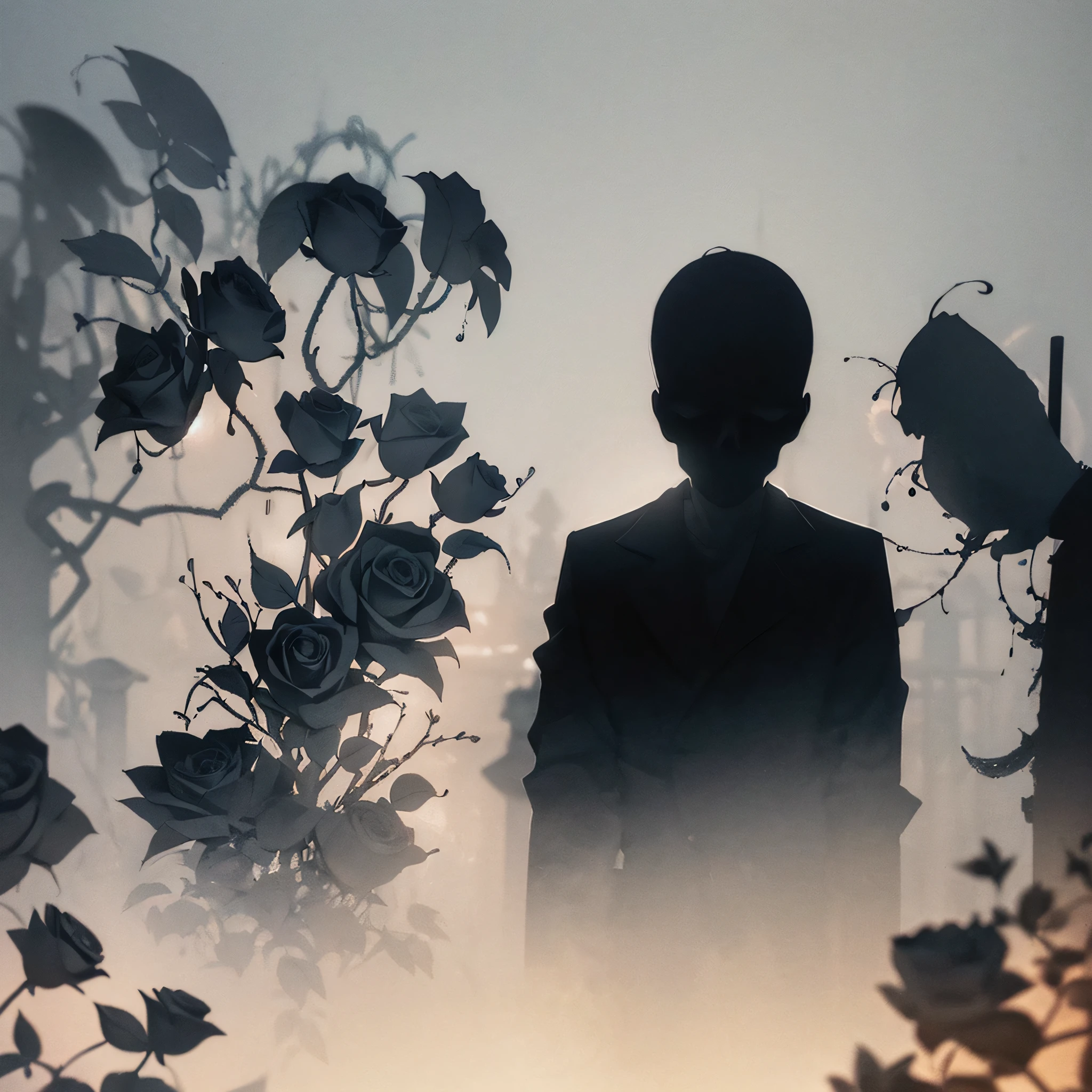 1 men, (silhouette:1.3), blackwork, painful, creepy, sheet, roses, skull, abstract, ambient lighting, (blurred background, blurred foreground, Depth of field:1.3), Swirling fog, Rainbow fog, traditional texture, dripping
