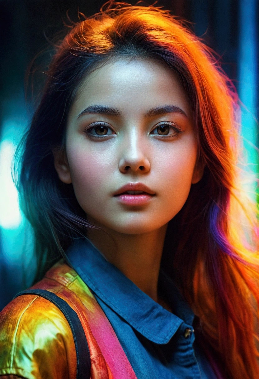 A colorful light shines on the beautiful girl&#39;s face，Postmodern photography art is hazy，The background is simply blurred，Dreamlike photography，Old sci-fi blurry cover grainy old photo scratches，Award-winning best works