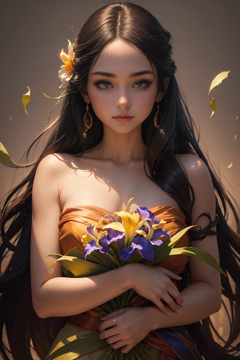Oil painting with neon color palette capturing a woman, face gently cradling an energetically blooming iris, chiaroscuro lighting, casting intricate shadows, petals rendered with soft delicacy contrasting graphically, canvas imbued with the golden hues of candlelight creating dynamic shadows, abstract symbols signifying vanitas artfully dispersed, resplendent in detail, vivid, luminous, radiant chiaroscuro lighting, charming chiar