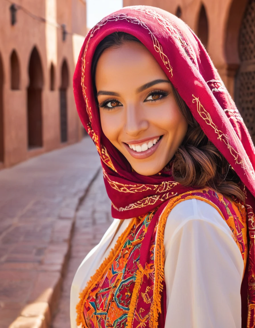 "A stunning selfie of a beautiful Moroccan girl with captivating honey eyes, smiling brightly as she poses in a vibrant outdoor setting. The sunlight enhances her features, and traditional Moroccan patterns can be seen in the background, reflecting her culture and charm."