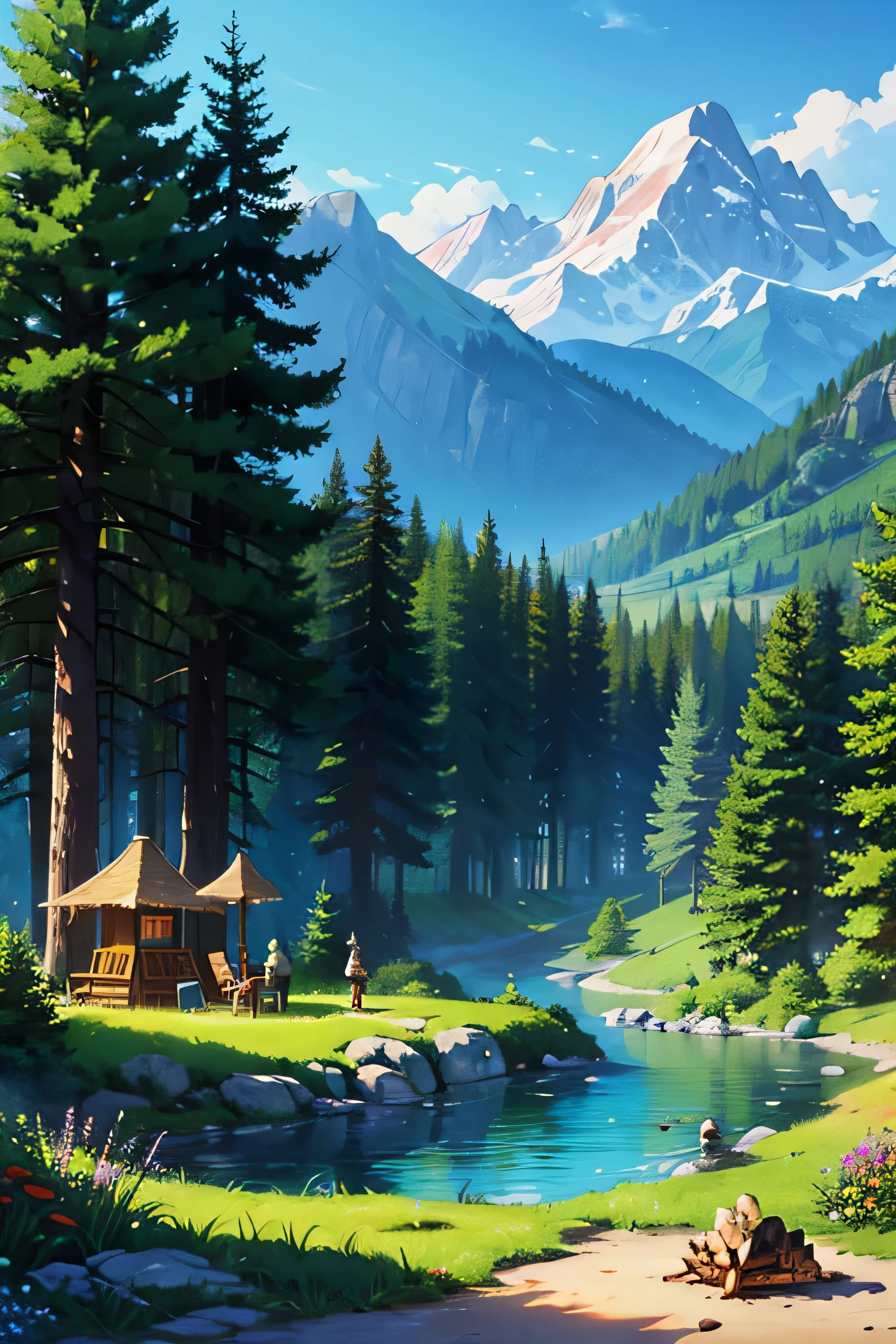 Create a detailed, colorful image of a medieval fantasy setting. The scene should include a group of adventurers around a campfire, interacting amicably with various animals. The setting must be in the middle of nature, with an enchanted forest, full of tall trees, floral flowers colorful, and a crystal clear stream. Add magical elements, like mushrooms, and little fairies flying around. The background must be complex and rich in details, with mountains in the distance and a clear blue sky punctuated by a few clouds