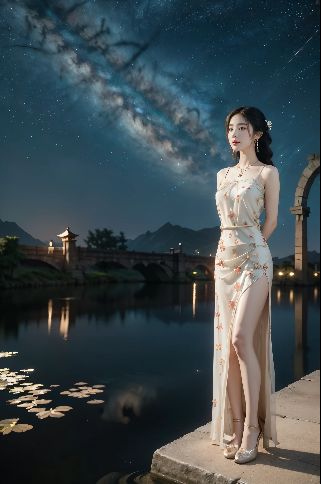 (((best quality))),(((ultra detailed))),(((masterpiece))),illustration,((1 beautiful girl,solo)),(shoulder length straight hair:1.2),((earrings,necklace)),((slim,thin)),((small breasts,flat chest)),(gorgeous sheer red Chinese dress:1.3),(slender legs:1.2),(loafers:1.2),(standing:1.3),(arms behind back:1.5),(on the stone arch bridge:1.3),((starry sky,the Milky Way,horizon)),elegance, grace, sophisticated updo, delicate hairpins, twinkling stars, radiant smile, bright eyes, wonder, beauty of the night sky, intricate patterns, flowers, birds, vibrant colors, ethereal, enchanting, old bridge, weathered, sturdy, natural surroundings, serene, peaceful atmosphere, rippling water, stars, graceful silhouette, magic, tranquility, twinkling stars, mesmerizing canopy of light, cool air, crisp, faint scent of blooming flowers, contemplation, admiration, ancient China, timeless, rich culture, traditions, captivating, enchanting atmosphere, myth, legend,((from front,full body))