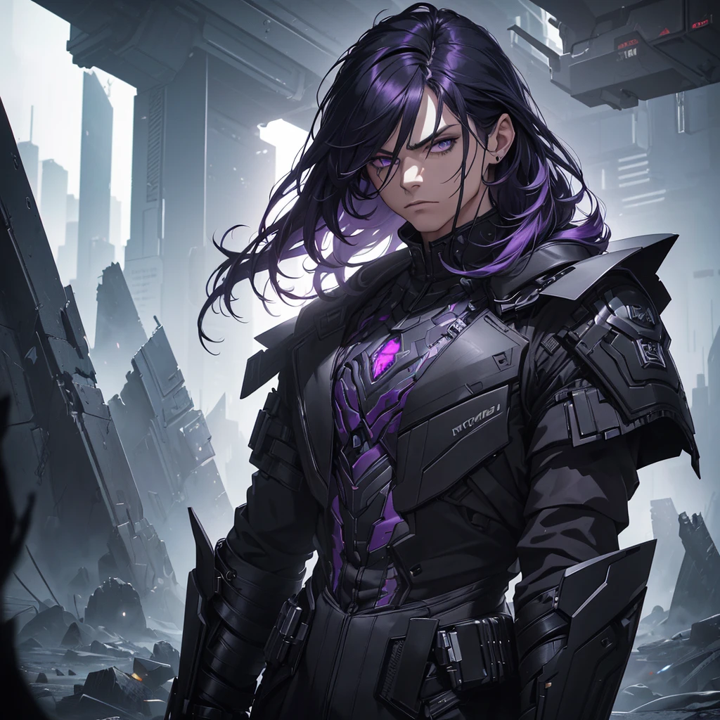 A man with fragmented black clothing, dark purple hair, serious expression, sci-fi futuristic setting, (best quality,4k,8k,highres,masterpiece:1.2),ultra-detailed,(realistic,photorealistic,photo-realistic:1.37),dramatic lighting,cinematic composition,intricate details,dystopian,moody atmosphere