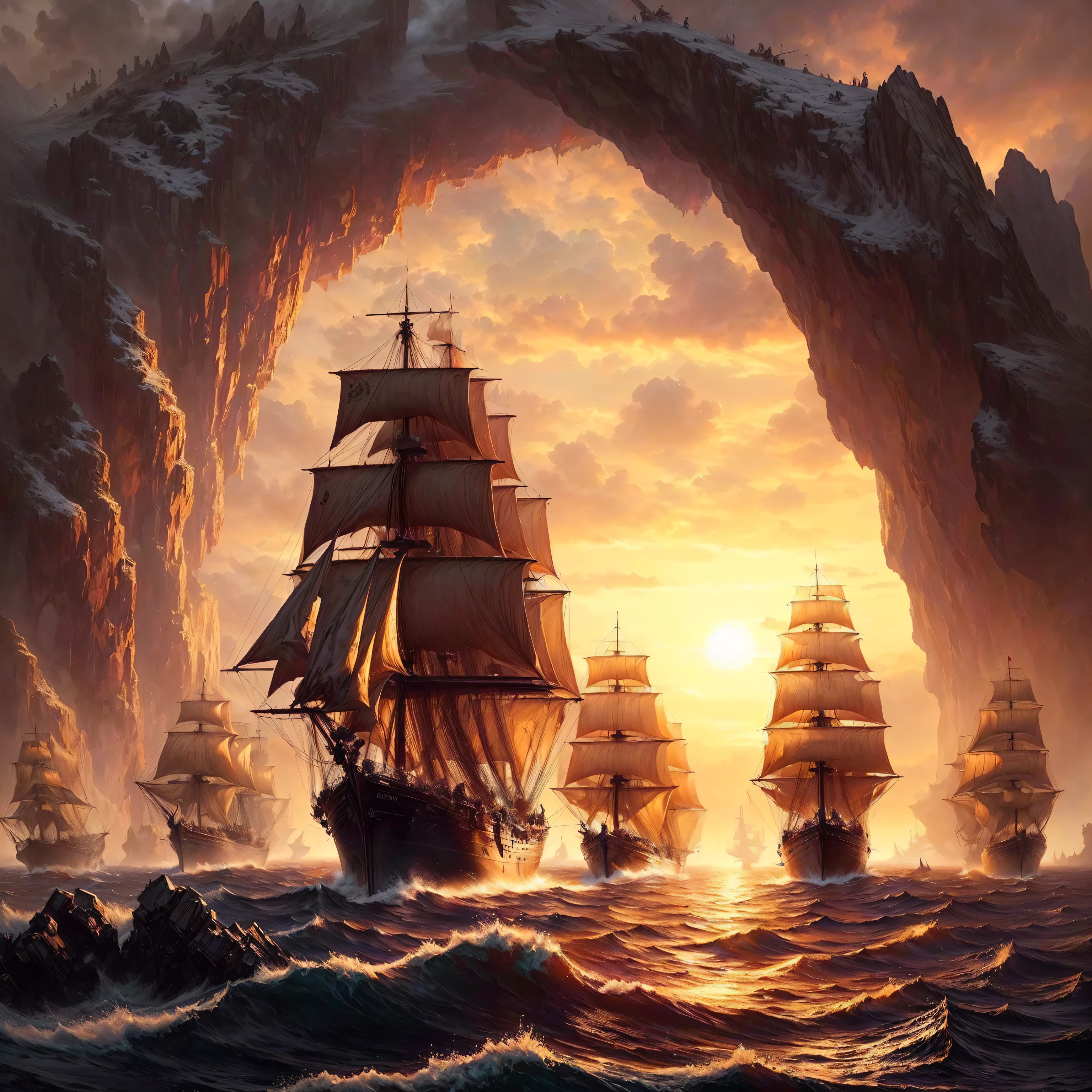 there are many ships in the water near a cave, Alexander Kucharsky, ships, ships with sails underneath, sailing ships, Noah Bradley - Song for Hell. Sharp Focus, ships with sails, pirate ships at war at night, Geoffrey Boshart, inspired by Igor Kerylyuk, Symmetrical epic fantasy art, pirate ships, Highly detailed 4K digital art