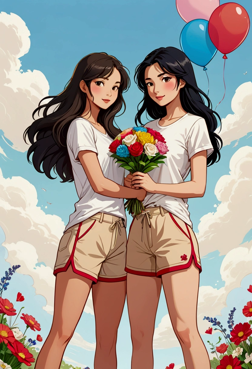 Two beautiful young women in Sarah Kay style, in love. One is a beautiful Asian woman with long black hair, the other young woman is a beautiful young British woman with semi-short light brown hair, both dressed in a white T-shirt and red details on the edges of their short sleeves, they are wearing short beige Bermuda shorts, they are carrying a bouquet of colorful balloons in his hand.