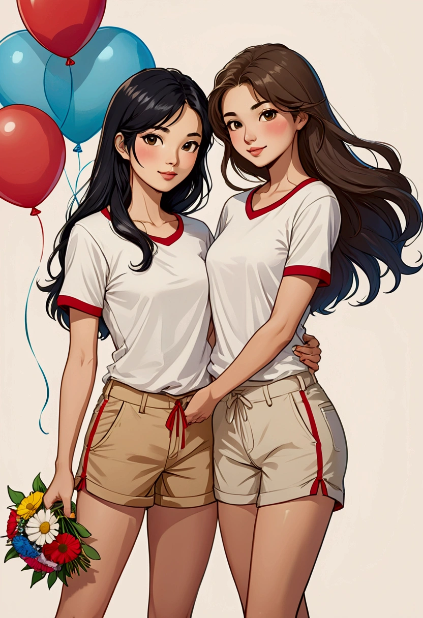 Two beautiful young women in Sarah Kay style, in love. One is a beautiful Asian woman with long black hair, the other young woman is a beautiful young British woman with semi-short light brown hair, both dressed in a white T-shirt and red details on the edges of their short sleeves, they are wearing short beige Bermuda shorts, they are carrying a bouquet of colorful balloons in his hand.