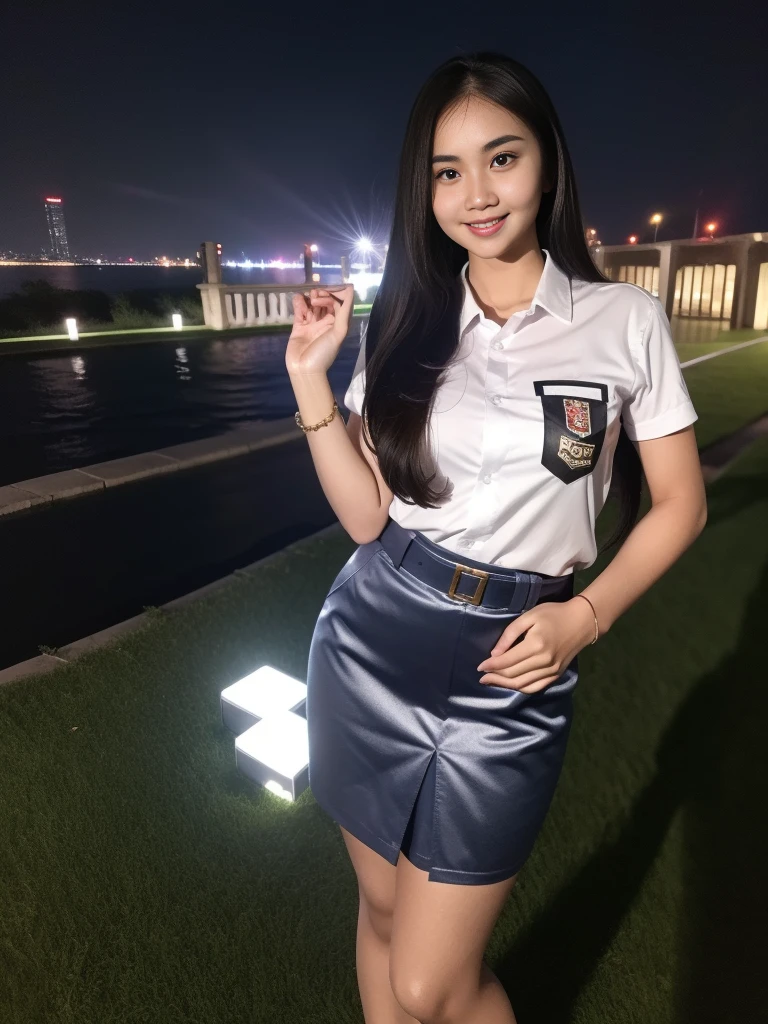 1girl, (uniform), standing, outdoors, night view, Metropolitan city at the background, detailed face, little smile, detailed eyes, medium breasts, shiny realistic skin, fit body, short skirt, looking at the audience, (ultra wide angle shot: 1.3), (8k, RAW photo, best quality, masterpiece: 1.2), (realistic, realistic: 1.37), ultra-high resolution