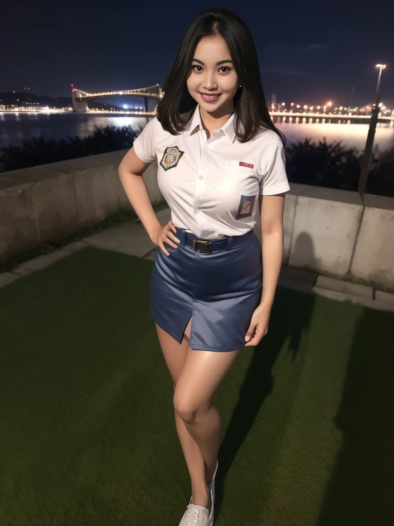 1girl, (uniform), standing, outdoors, night view, Metropolitan city at the background, detailed face, little smile, detailed eyes, medium breasts, shiny realistic skin, fit body, short skirt, looking at the audience, (ultra wide angle shot: 1.3), (8k, RAW photo, best quality, masterpiece: 1.2), (realistic, realistic: 1.37), ultra-high resolution