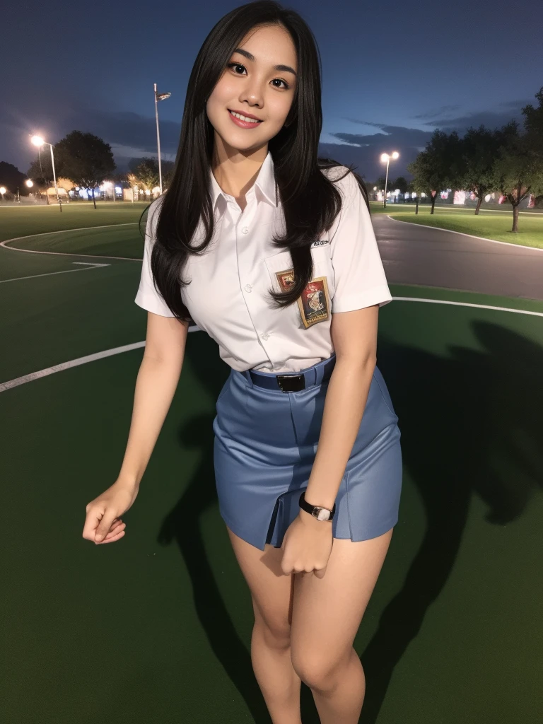 1girl, (uniform), standing, outdoors, night view, Metropolitan city at the background, detailed face, little smile, detailed eyes, medium breasts, shiny realistic skin, fit body, short skirt, looking at the audience, (ultra wide angle shot: 1.3), (8k, RAW photo, best quality, masterpiece: 1.2), (realistic, realistic: 1.37), ultra-high resolution