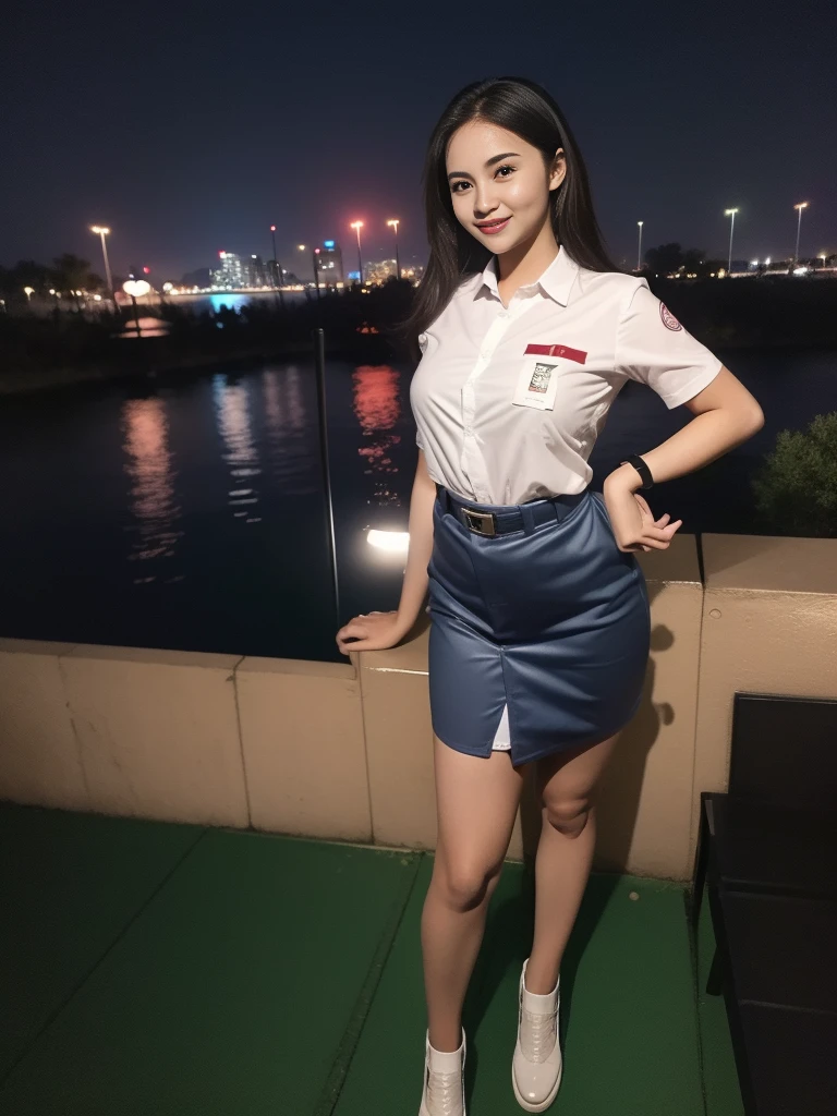 1girl, (uniform), standing, outdoors, night view, Metropolitan city at the background, detailed face, little smile, detailed eyes, medium breasts, shiny realistic skin, fit body, short skirt, looking at the audience, (ultra wide angle shot: 1.3), (8k, RAW photo, best quality, masterpiece: 1.2), (realistic, realistic: 1.37), ultra-high resolution
