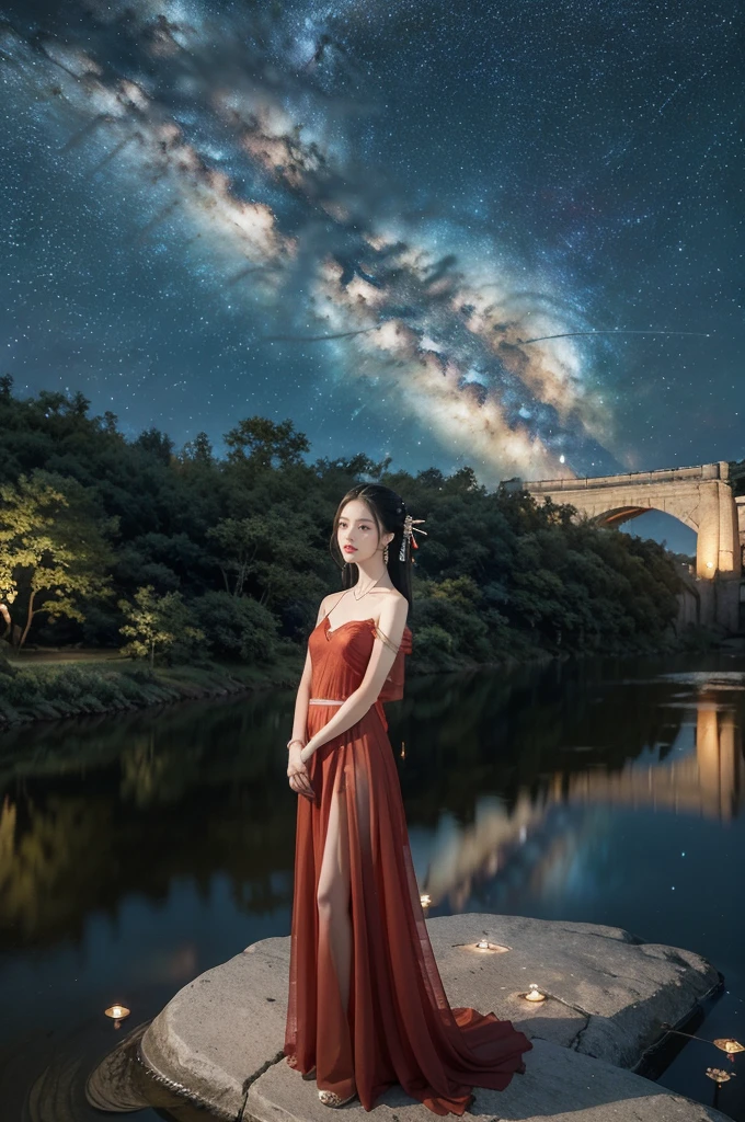 (((best quality))),(((ultra detailed))),(((masterpiece))),illustration,((1 beautiful girl,solo)),(shoulder length straight hair:1.2),((earrings,necklace)),((slim,thin)),((small breasts,flat chest)),(gorgeous sheer red Hanfu dress:1.5),(slender legs:1.2),(loafers:1.2),(standing:1.3),(arms behind back:1.5),(on the stone arch bridge:1.3),((starry sky,the Milky Way,horizon)),elegance, grace, sophisticated updo, delicate hairpins, twinkling stars, radiant smile, bright eyes, wonder, beauty of the night sky, intricate patterns, flowers, birds, vibrant colors, ethereal, enchanting, old bridge, weathered, sturdy, natural surroundings, serene, peaceful atmosphere, rippling water, stars, graceful silhouette, magic, tranquility, twinkling stars, mesmerizing canopy of light, cool air, crisp, faint scent of blooming flowers, contemplation, admiration, ancient China, timeless, rich culture, traditions, captivating, enchanting atmosphere, myth, legend,((from front,full body))