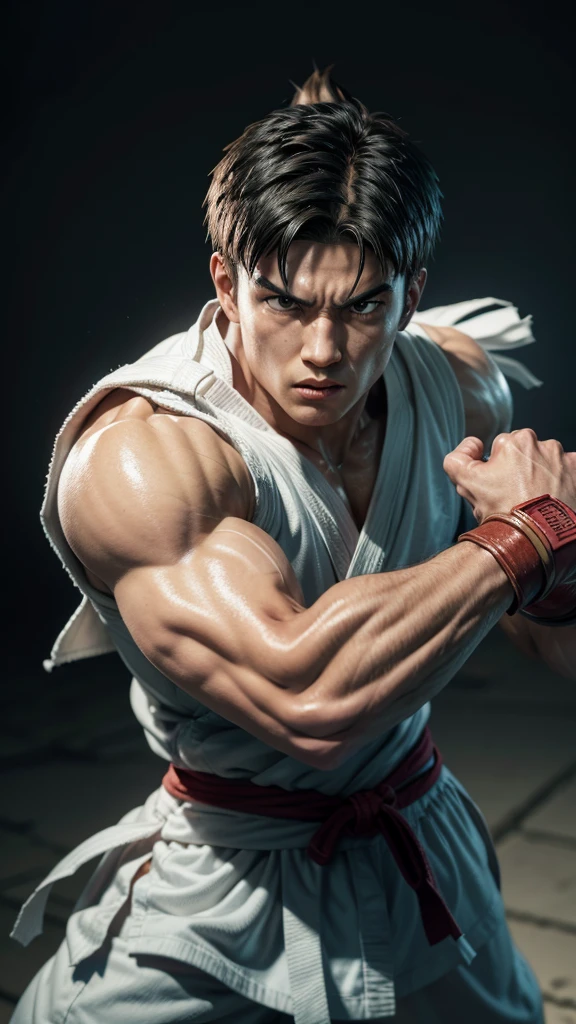 1  man ryu solo、Fighting Game Fighter、street fighter , wearing complete karate kimono、Fitness Body Shape、Pose ready to fight、battle look, close up,  karate pose, making a hadoken special move