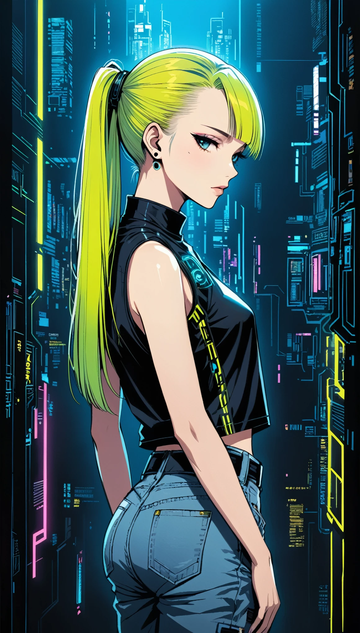 in style of Santiago Caruso,1girl,solo,Blue Background,oversize ,Hip-hop style,Black Plaid Sleeveless T-Shirt,jeans,One hand behind your back,looking at viewer,(Soft and straight cyberpunk hair:1.5)glowing fluorescent hair,Simple style,wide angle,Dynamic Angle,Slanted screen composition,(bangs_pinned_back:1.5),(head_tilt:1.7),blush visible through hair