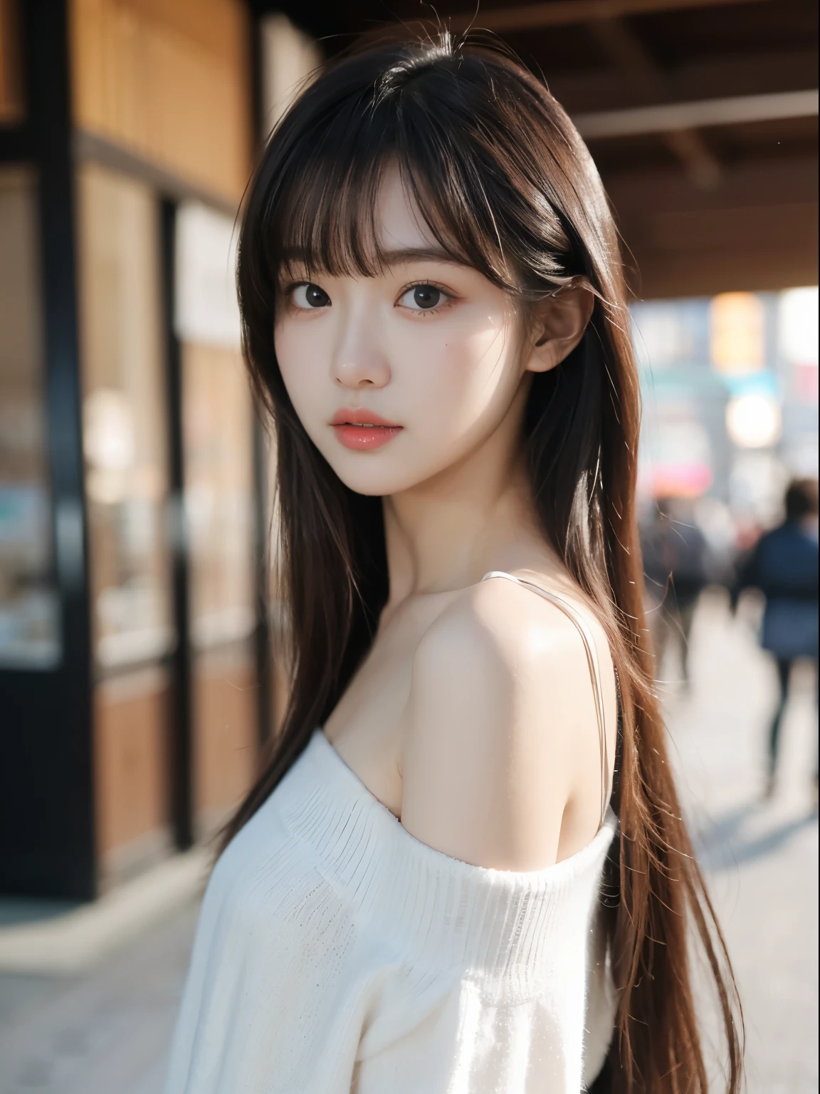(8k, Top quality, Masterpiece:1.2), (Realistic, photo-realistic:1.37), Super detailed, perfect anatomy, a Japanese, girl, cute, small eyes, 18 years old, off shoulder, at cityscape, blunt bangs,