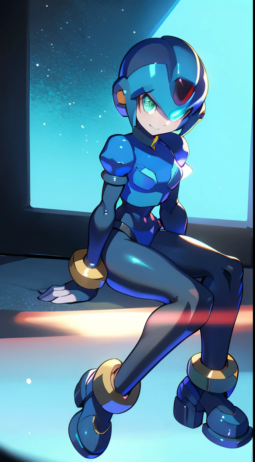 megaman x Girl, cute, Reploid, fullbody shot, maverick hunter, extremely detailed, dinamic pose, Green eyes, long eyelashes, glowing lips, smile, black waist, black chest