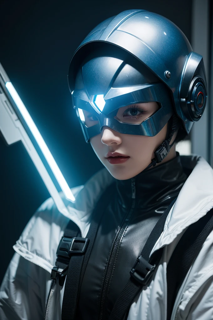 sci fi helmet, cyber mask, Brian Island, Goddess of War, blue cyborg, balaska, blink , best quality, masterpiece, very detailed, degree of freedom, Artistic lighting, best quality, masterpiece, very detailed, degree of freedom, rim light
