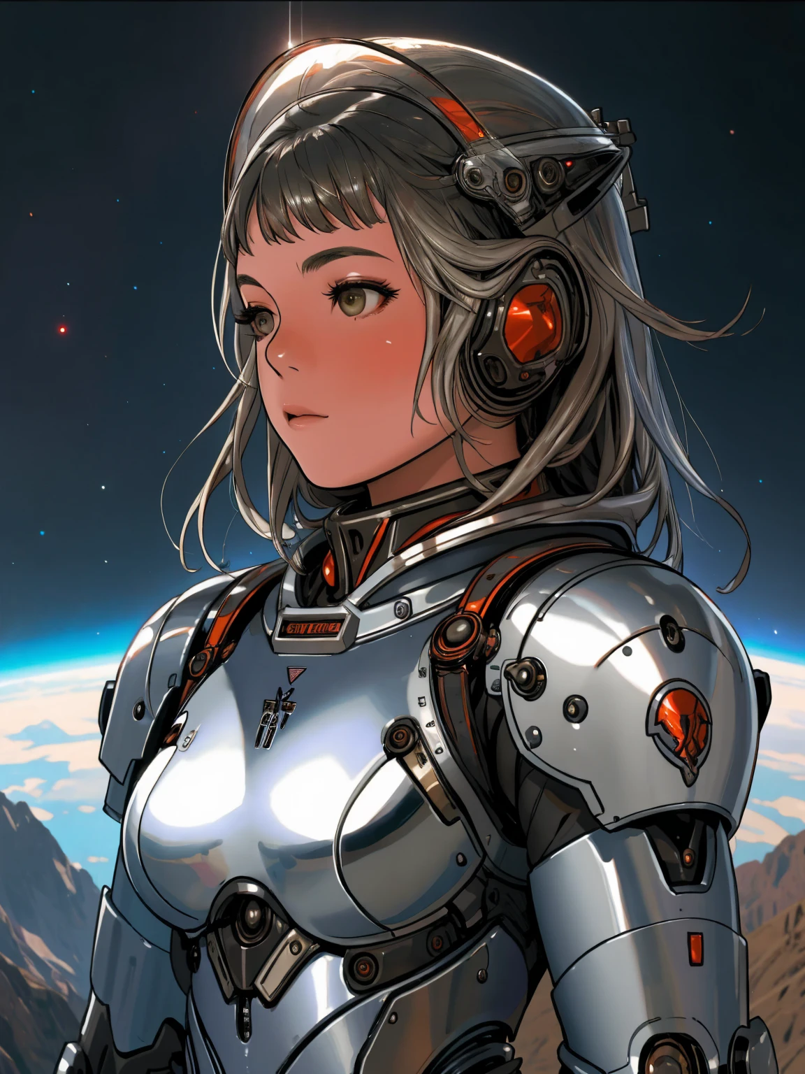 (((fully body))), Digital portrait of a marine woman in space, pronounced feminine features, Silver alloy metal and red heavy space armor, In the wilderness, detailded, film composition, Power Space Armor, details Intricate, weirdcore, Altamente detailded, 8k, arte de artgerm y greg rutkowski y alphonse mucha, Blurry, reflective metallic, 4K, 8k