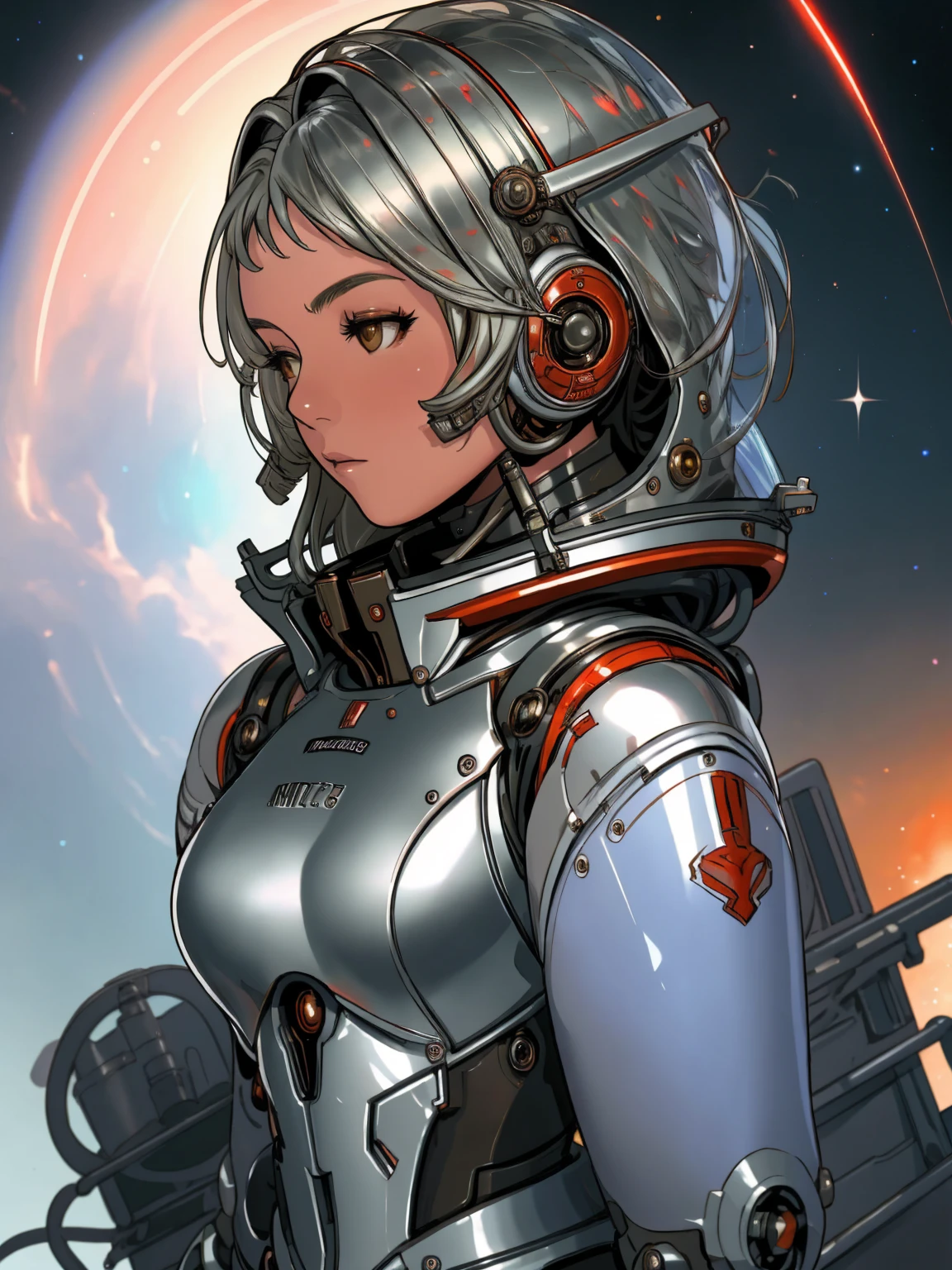 (((fully body))), Digital portrait of a marine woman in space, pronounced feminine features, Silver alloy metal and red heavy space armor, In the wilderness, detailded, film composition, Power Space Armor, details Intricate, weirdcore, Altamente detailded, 8k, arte de artgerm y greg rutkowski y alphonse mucha, Blurry, reflective metallic, 4K, 8k