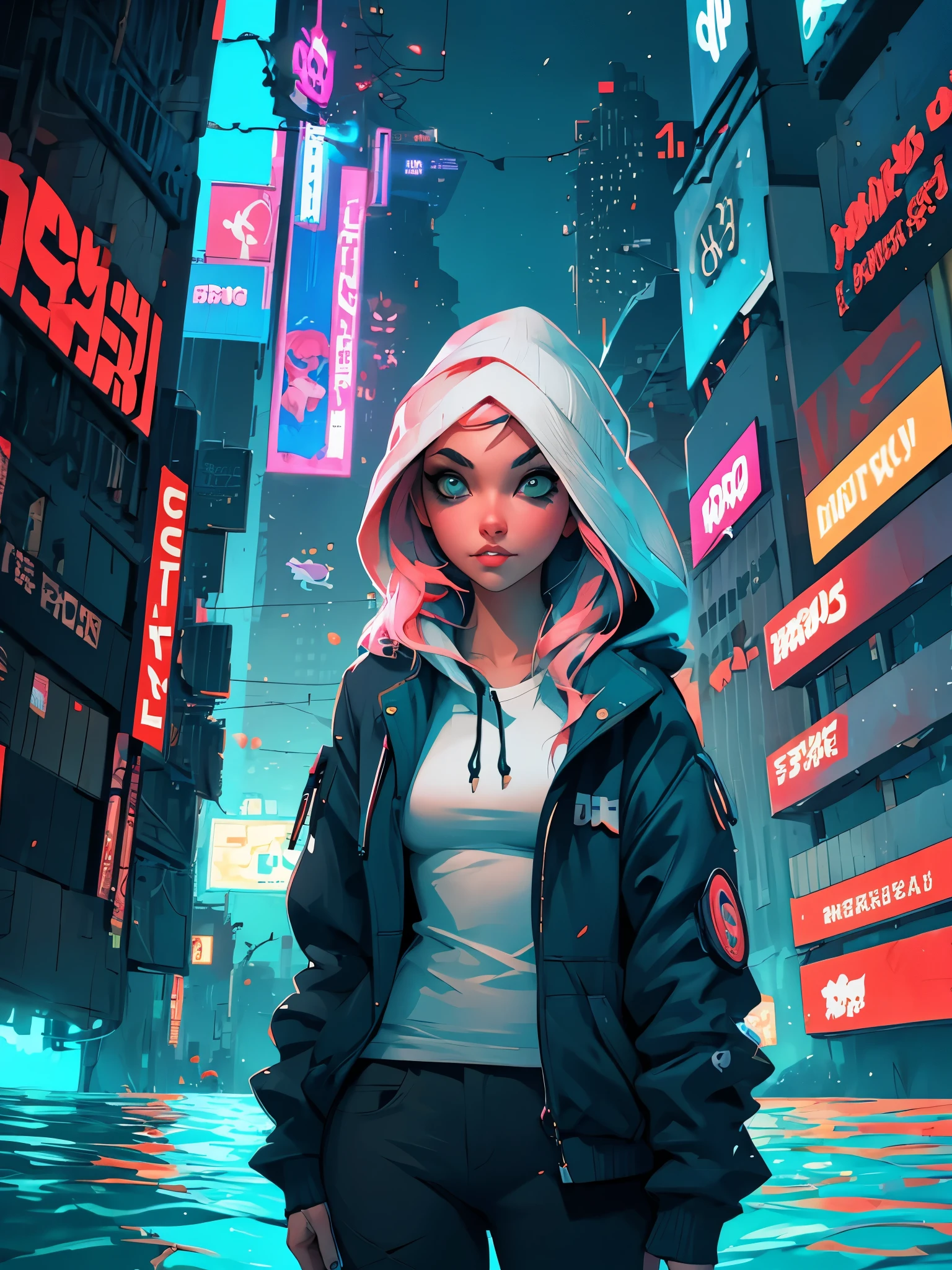 a woman with long hair and a hoodie is standing in the water, cyberpunk art by Aaron Nagel, trending on cgsociety, digital art, beeple and jeremiah ketner, digital art on pixiv, digital art. artstation, dreamy cyberpunk girl, loish |, gorgeous digital art, 🌺 cgsociety, dark cyberpunk illustration, cyberpunk)))))