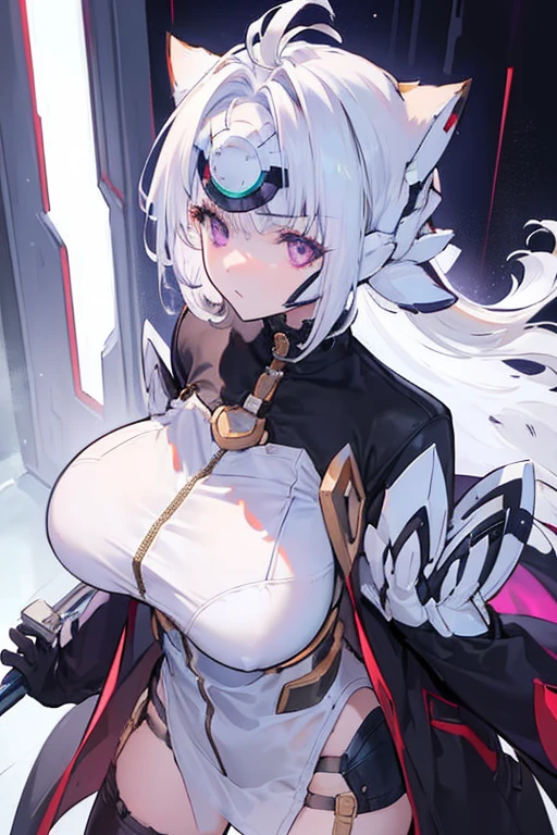 (masterpiece, best quality:1.2), illustration, 8k, hd, 1girl, solo, (((white hair, purple eyes, black coat))), large breasts, black pants, short hair, indoors, arle suit, serious expression, tall, mature, elegant, black gloves
