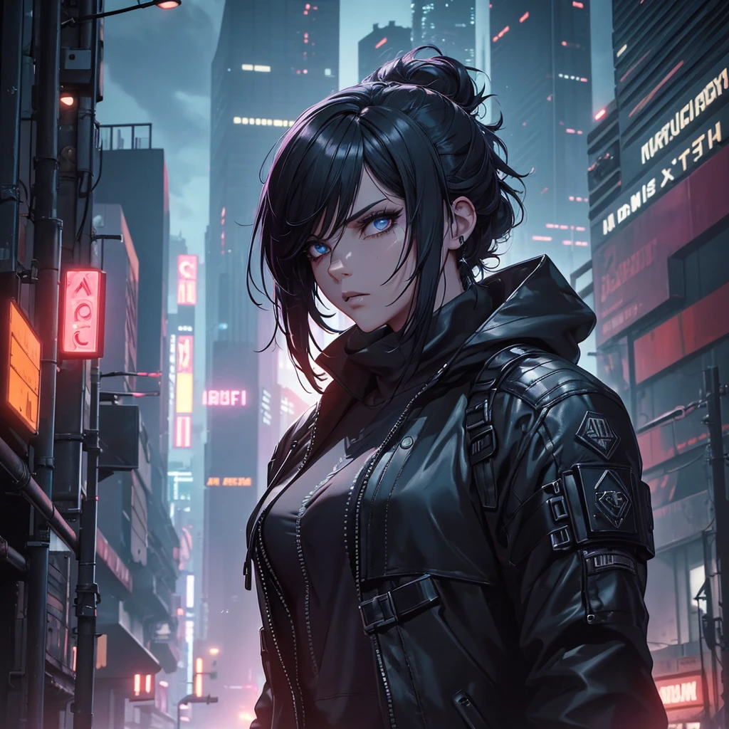 a man with short dark purple hair, wearing black clothes and a black hood, in a futuristic cyberpunk-style scene, (best quality,4k,8k,highres,masterpiece:1.2),ultra-detailed,(realistic,photorealistic,photo-realistic:1.37),intricate details,highly detailed face,detailed facial features,detailed clothing folds,dramatic lighting,neon lights,advanced technology,urban cyberpunk environment,dystopian futuristic landscape,moody atmosphere,cinematic composition