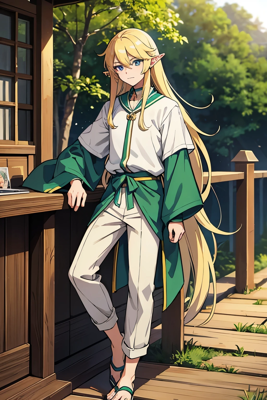 young man in anime style with elven ears, with long golden hair, Blue eyes, Green clothes with white details: top with rolled up sleeves, baggy pants, sandals on the feet, forest house in the background