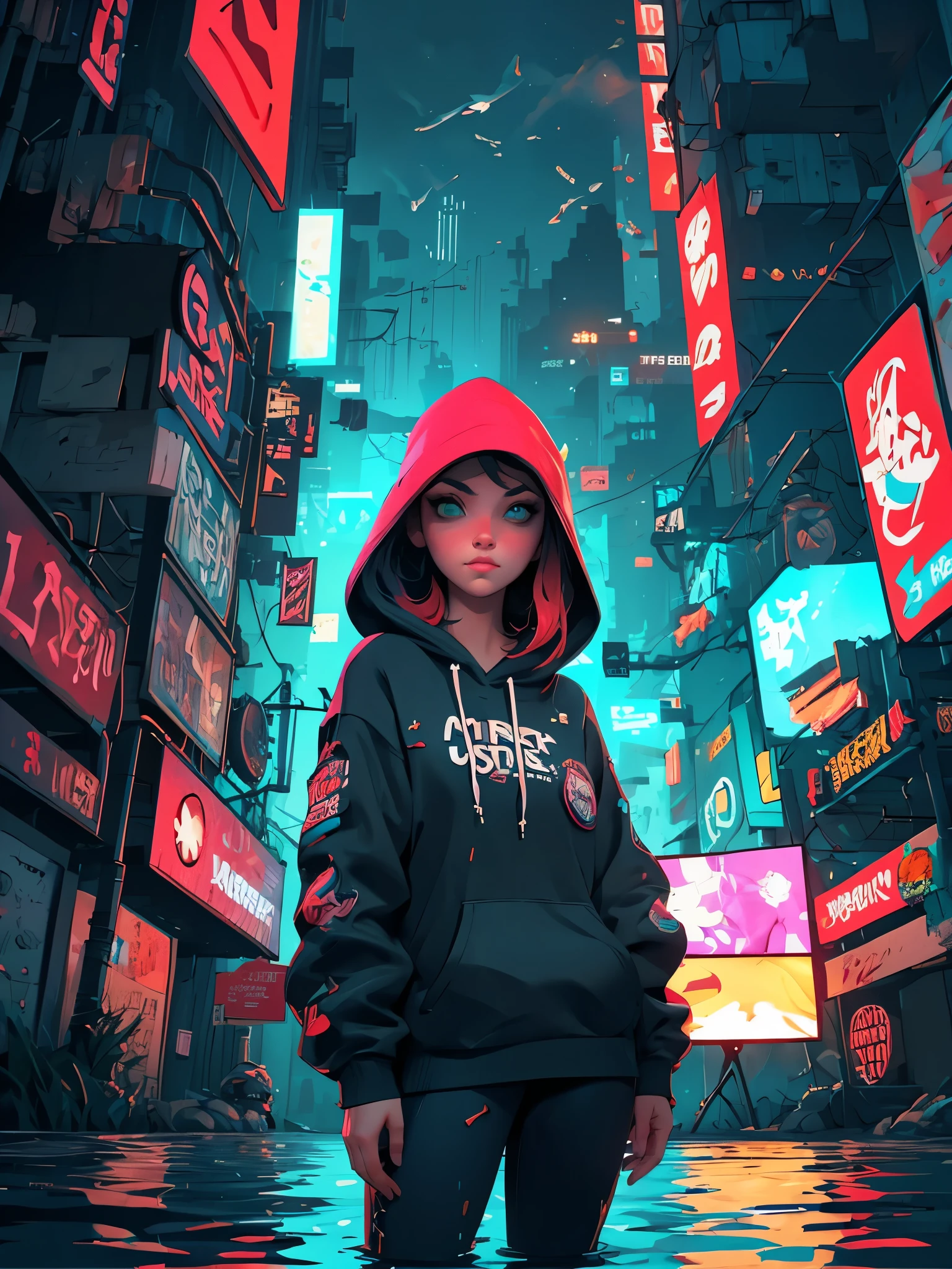 a woman with long hair and a hoodie is standing in the water, cyberpunk art by Aaron Nagel, trending on cgsociety, digital art, beeple and jeremiah ketner, digital art on pixiv, digital art. artstation, dreamy cyberpunk girl, loish |, gorgeous digital art, 🌺 cgsociety, dark cyberpunk illustration, cyberpunk)))))