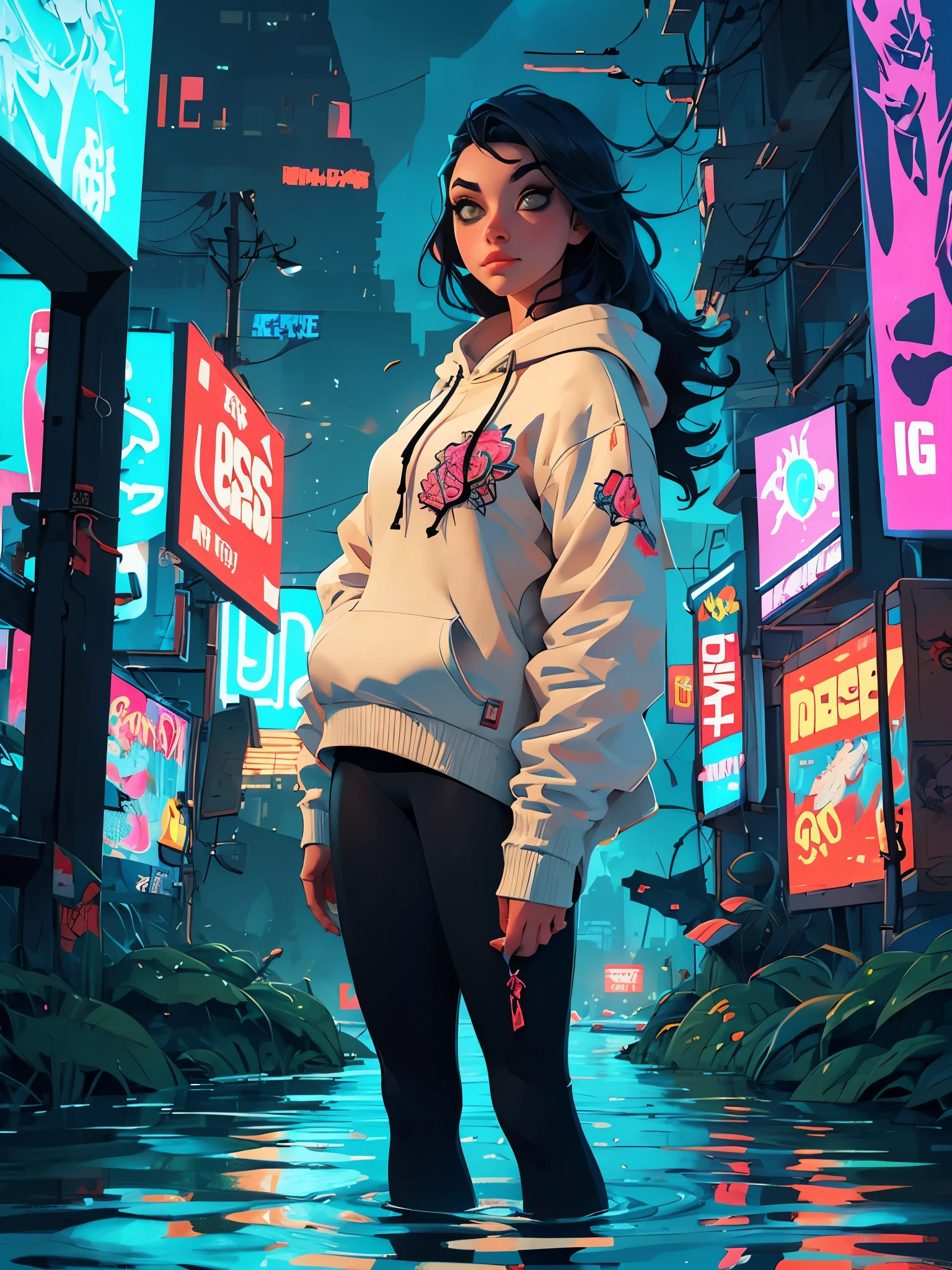 a woman with long hair and a hoodie is standing in the water, beeple and jeremiah ketner, digital art on pixiv, digital art. artstation, dreamy cyberpunk girl, by Aaron Nagel, loish |, gorgeous digital art, 🌺 cgsociety, dark cyberpunk illustration, cyberpunk))))), intricate abstract. cyberpunk, cyberpunk art style