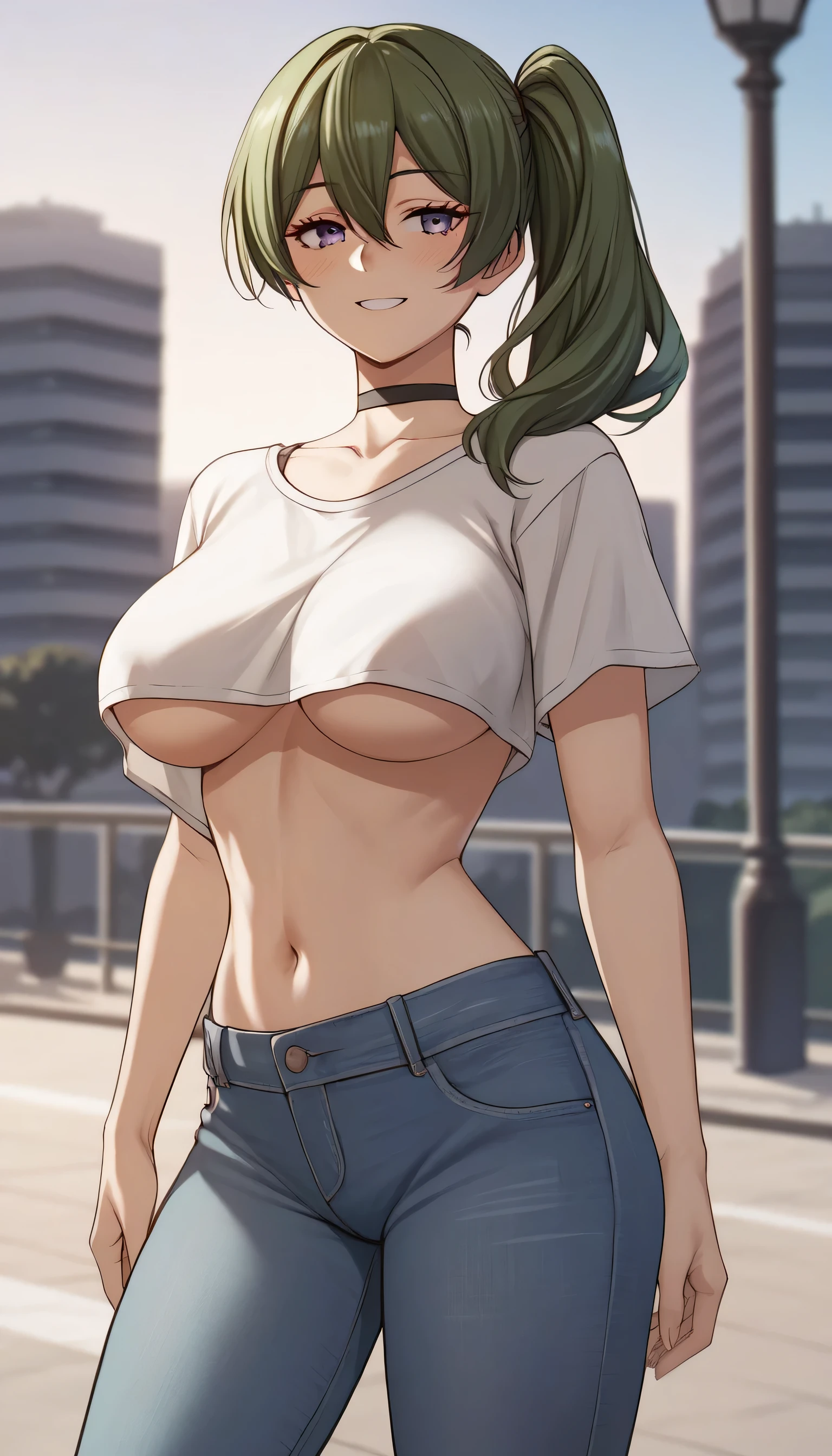 score_9, score_8_up, score_7_up, score_6_up, score_5_up, score_4_up, source_anime, 4k resolution, highest quality, 1girl, large breasts, thin body, beautiful, Comistyle, ubel,green hair, bangs,hair between eyes,side ponytail, purple eyes,black choker, shirt, loose shirt, navel, underboob, hot pants denim, city, smile, blush, 