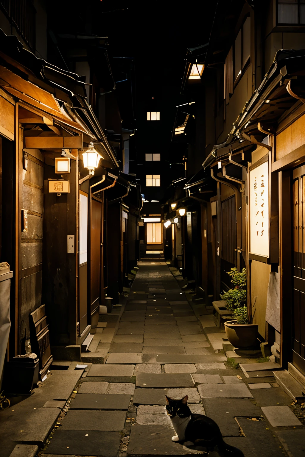 Kyoto, night,　Back Alley,　old buildings,、Sleeping Cat