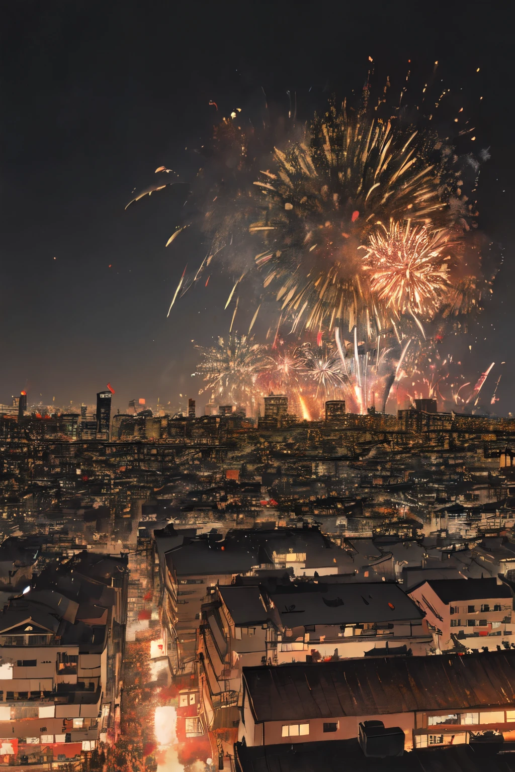 1 city, cyber punk, Light brown tones, Panorama, detailed, firework, new year