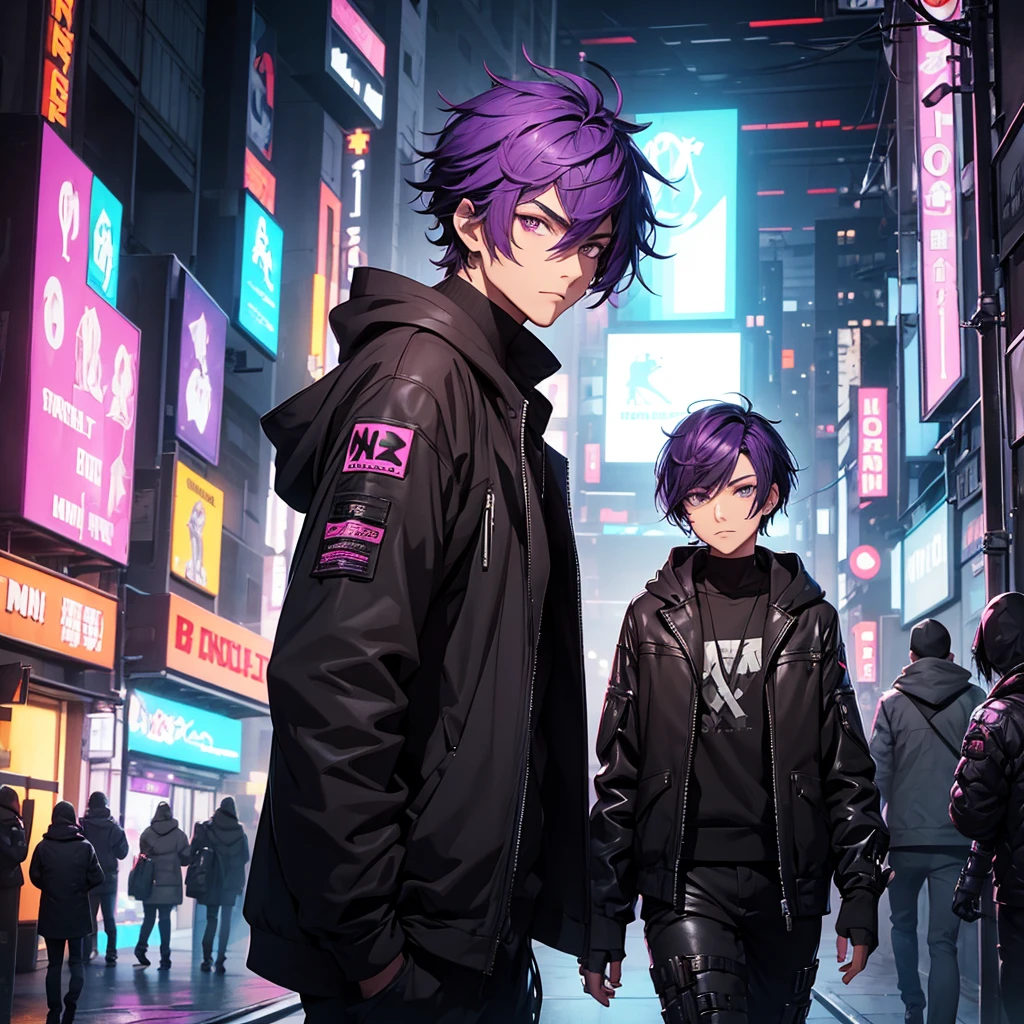 Make a Man Character. male character. short dark purple hair. your clothes should be black. just like your hood. he must be in a futuristic cyberpunk style setting.