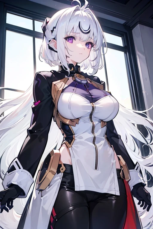 (masterpiece, best quality:1.2), illustration, 8k, hd, 1girl, solo, (((white hair, purple eyes, black coat))), large breasts, black pants, short hair, indoors, arle suit, serious expression, tall, mature, elegant, black gloves