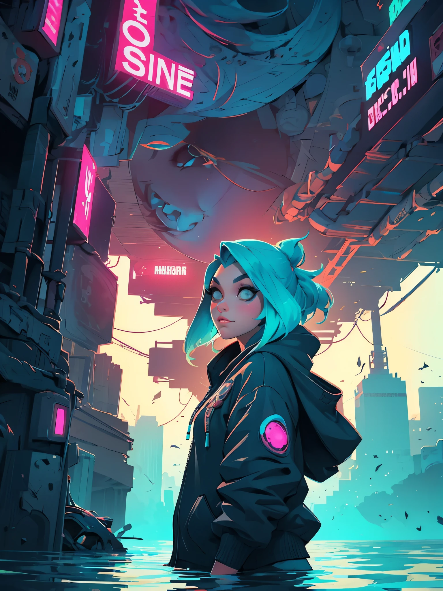 a woman with long hair and a hoodie is standing in the water, beeple and jeremiah ketner, digital art on pixiv, digital art. artstation, dreamy cyberpunk girl, by Aaron Nagel, loish |, gorgeous digital art, 🌺 cgsociety, dark cyberpunk illustration, cyberpunk))))), intricate abstract. cyberpunk, cyberpunk art style