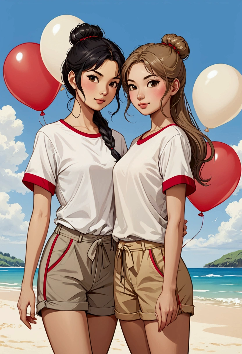 Two beautiful young women in Sarah Kay style, in love. One is a beautiful Asian woman with long black hair, the other young woman is a beautiful young British woman with semi-short light brown hair tied in a bun, both dressed in a white T-shirt with red details on the edges of her short sleeves, they are wearing short beige Bermuda shorts. , they hold a bunch of colorful balloons in their hand.