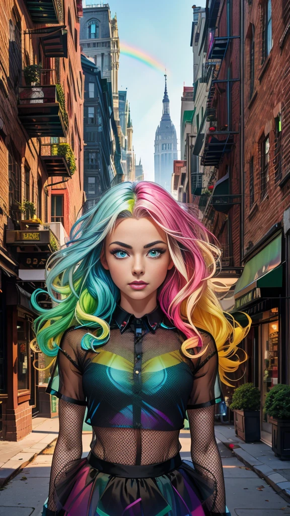 Mature age girl, curly blonde rainbow coloured hair, ((black mesh see through transparent shirt)), tutu skirt, fishnet stockings, partially nude, Caucasian, ((one blue eye, one green eye))