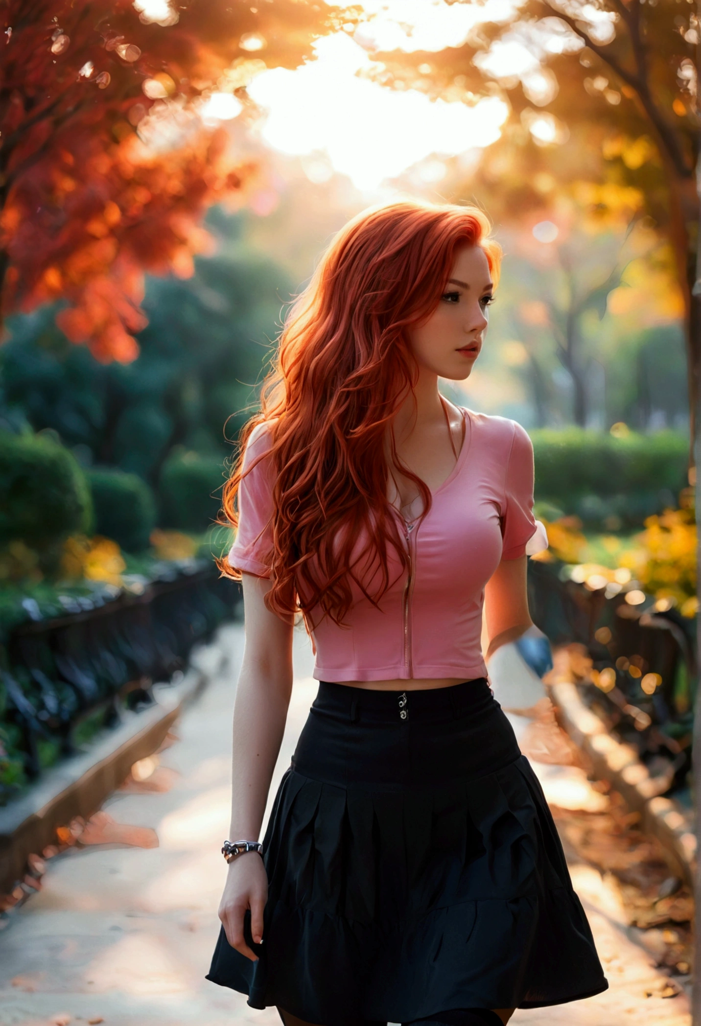 ultra realistic, photography, long red hair, girl, 24 years old, hourglass figure, perfect body, medium natural breasts, Flirty look, extremely detailed artgerm, in the style artgerm, lens 35 mm, blur background, walking, in the park at dawn, wearing a pink top, a black short skirt, thigh socks and sneakers,