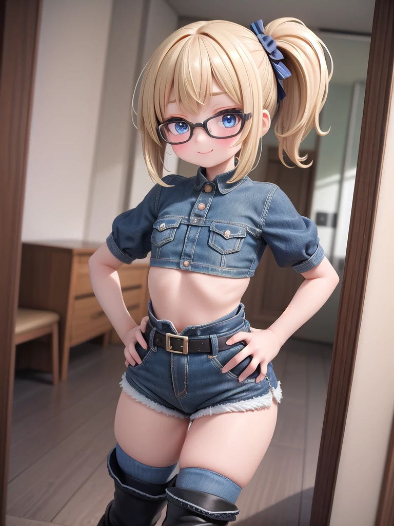 (masterpiece, best quality), 1girl, , 8 years old, baby face, small breasts, small ass, small hips, blue eyes, short ponytail hair, blonde hair, crop top, denim shorts, bedroom, striped thighhighs, CUTE SMILE, cute face, cute makeup, glasses, ((FOCUS WEAR BOOTS)) , hands on the hips, (((FOCUS WHOLE BODY VIEW))), (((FOCUS SIDE VIEW))), SHE IS LOOKING TO THE VIEWER.