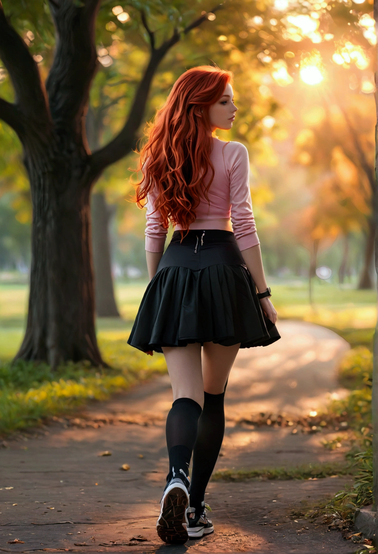 ultra realistic, photography, long red hair, girl, 24 years old, hourglass figure, perfect body, medium natural breasts, Flirty look, extremely detailed artgerm, in the style artgerm, lens 35 mm, blur background, walking, in the park at dawn, wearing a pink top, a black short skirt, thigh socks and sneakers,
