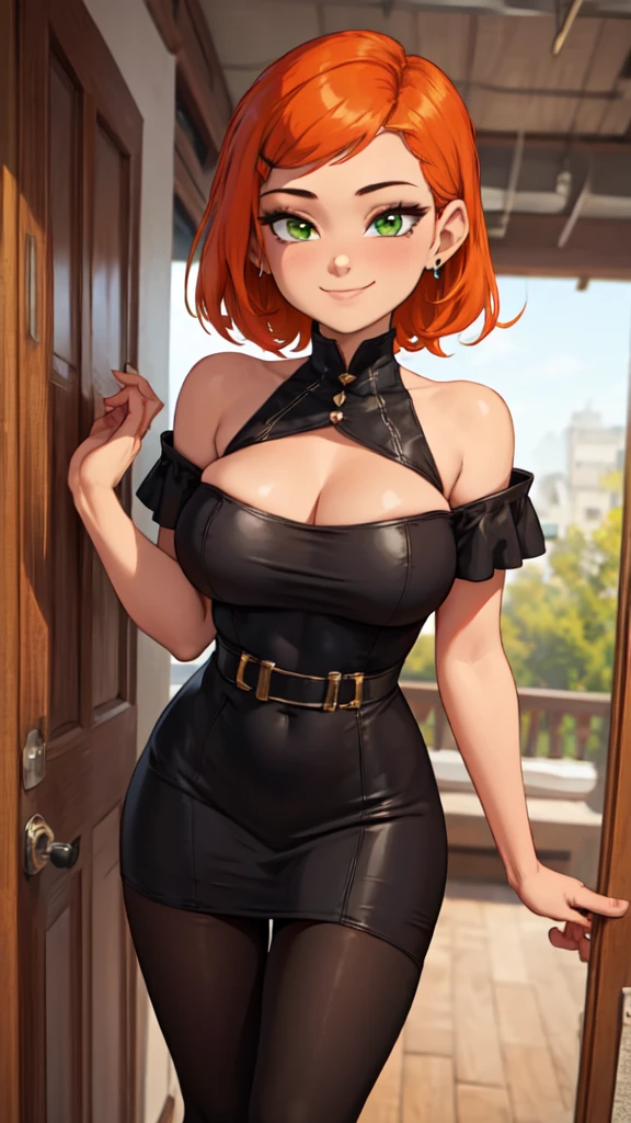 1 girl, red hair, teal eyes, white skin, solo, mature, MILF, short hair, side-swept bangs, curvy, very wide hips, large ass, narrow waist, thick thighs, very huge breasts, beige sleeveless turtleneck, knee length black pencil skirt, happy smile, sultry eyes,