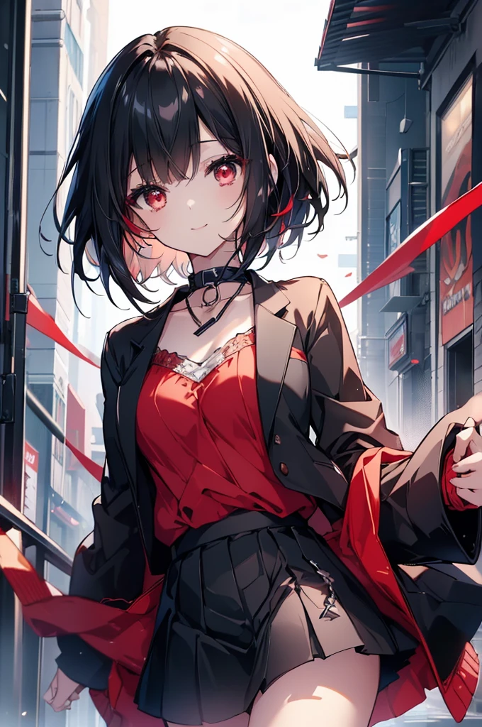 (masterpiece, highest quality, highest quality, (No text), Beautiful and aesthetic:1.2),No text,アニメ、BREAK,One Girl，Black Hair Girl　short hair　older sister　choker　Beautiful eyes　Red eyes　cool　smile　Red and Black　Black jacket　mini skirt　whole body　In town
