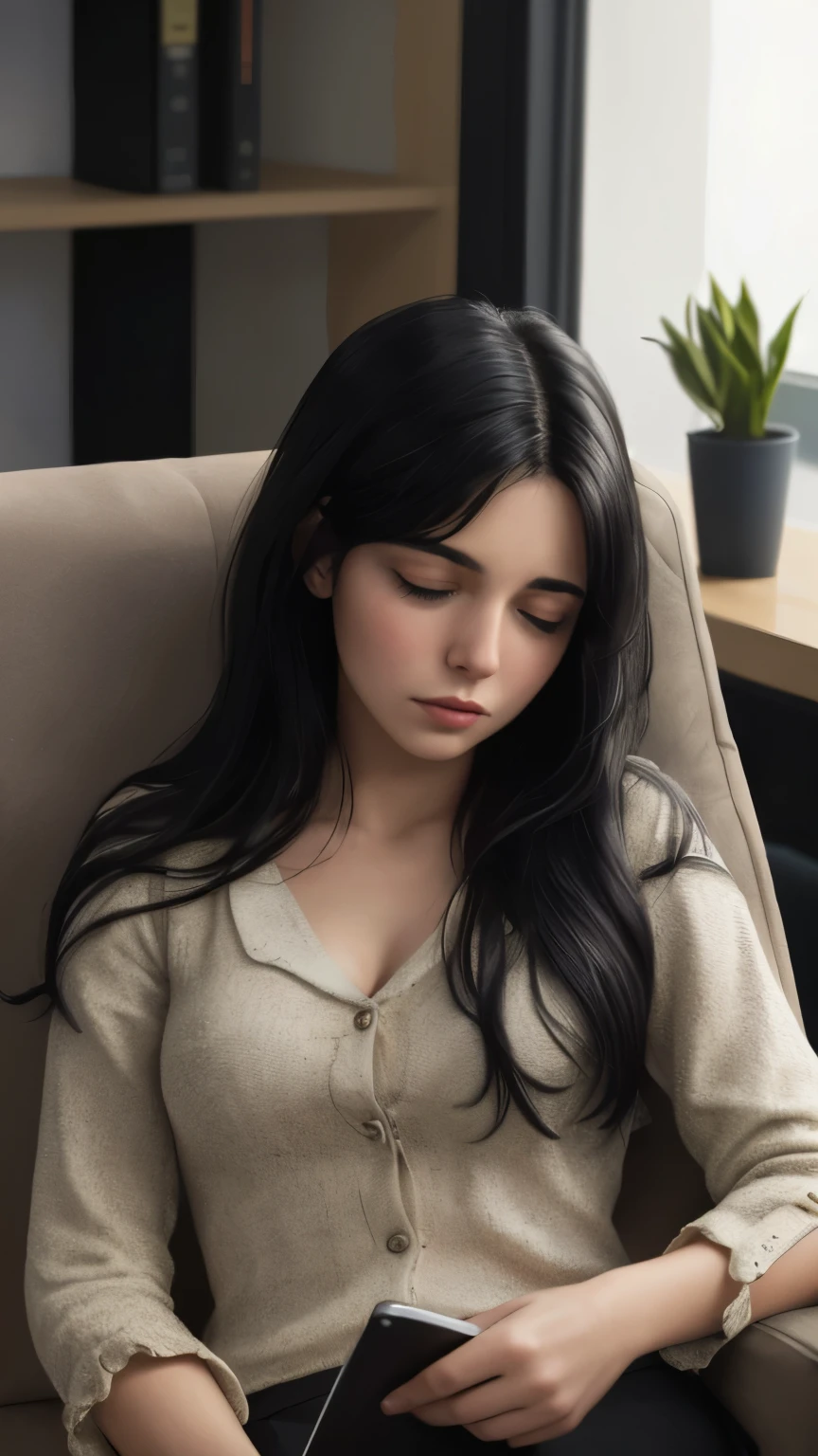 ((best quality)), ((masterpiece)), (detailed), A digital illustration of a long black haired young women sleeping while seating on a sofa in an office setting with a distressed expression due to a scary dream